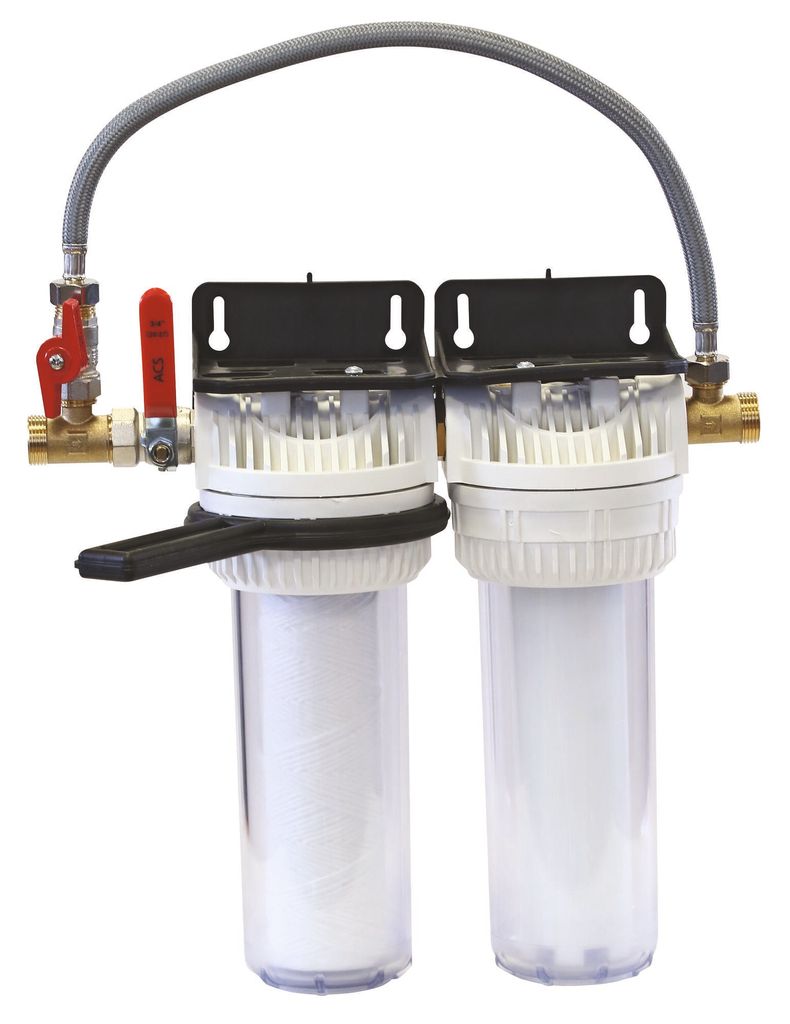 AQUAWATER – 107226 – Doppelte Anti-Kalk-Filterstation mit Bypass – Standardgröße 9¾ Zoll – Lieferung inklusive Befestigungswinkel und L...