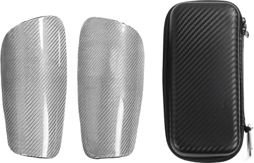 1 Paar Fußball-Schienbeinschoner aus Kohlefaser mit Aufbewahrungstasche, leichte Schutzausrüstung für Kinder-Fußballspiele, Silber S