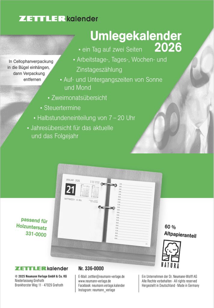 Umleg-Kal./Bürokal.2026 8x10,8 cm 1T/2S. z. Einheften Produktbild 