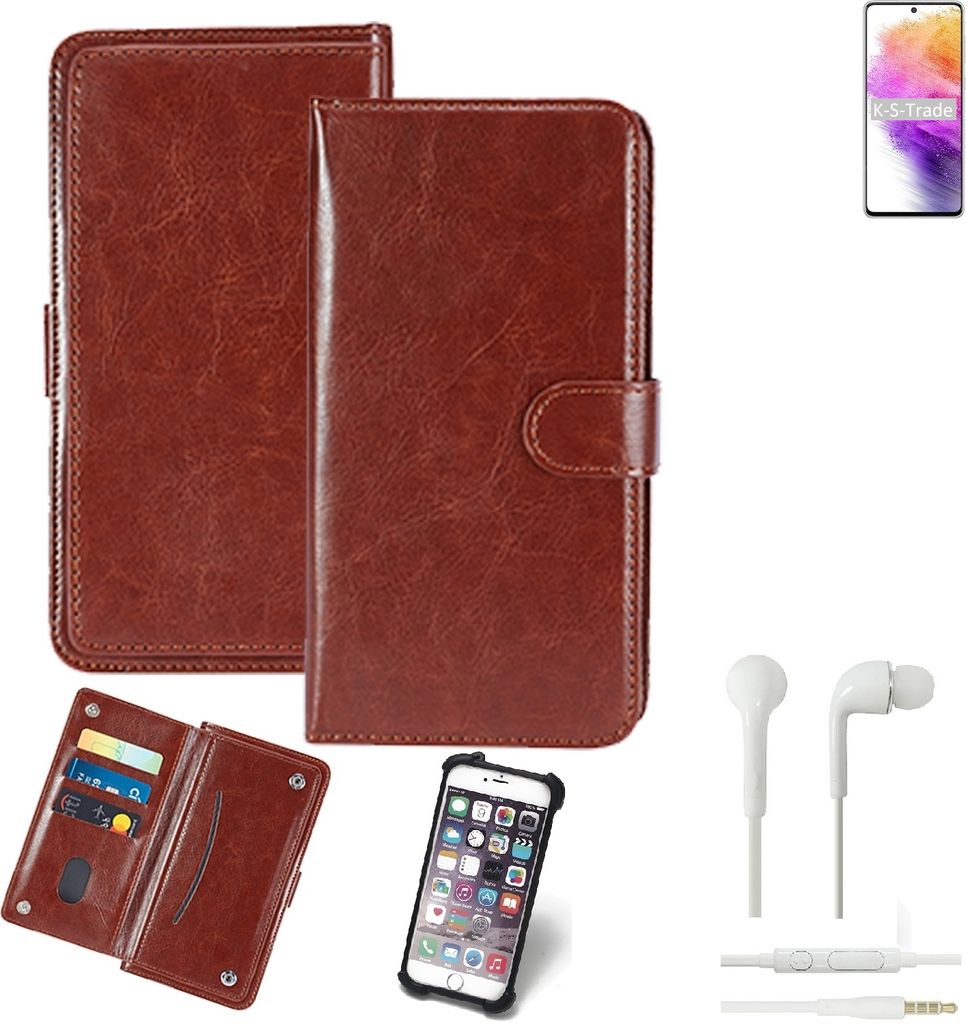 K-S-Trade 360° Hülle kompatibel mit Samsung Galaxy A73 5G inkl. Headphones braun Kunstleder Case BookCase WalletCase Kunstlederederhülle