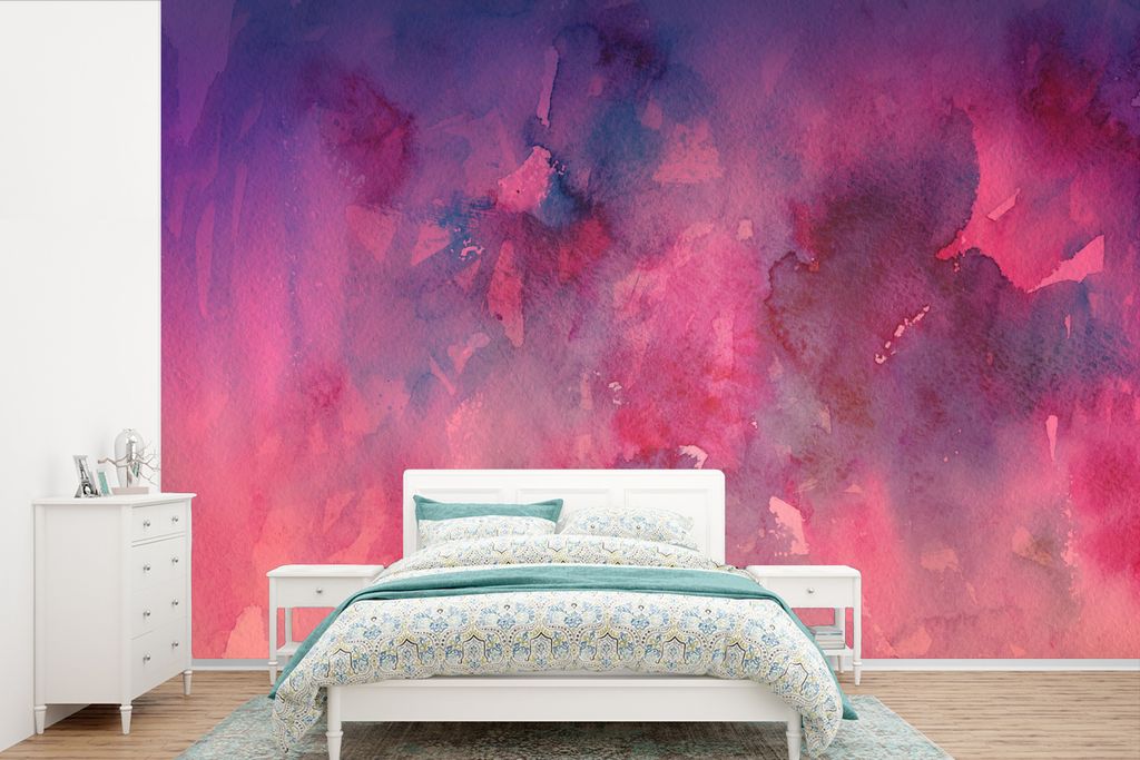 MuchoWow Fototapete für Wohnzimmer oder Schlafzimmer Wandtapete Vinyl Motivtapete Aquarell - Rosa - Rot - 390x260 cm - Papiertapete