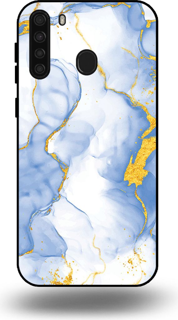 Smartphonica Handytasche passend für Samsung Galaxy A21 mit Hellblau Gold Marmor Print - TPU Backcover Case Hellblau Gold Marmor Design