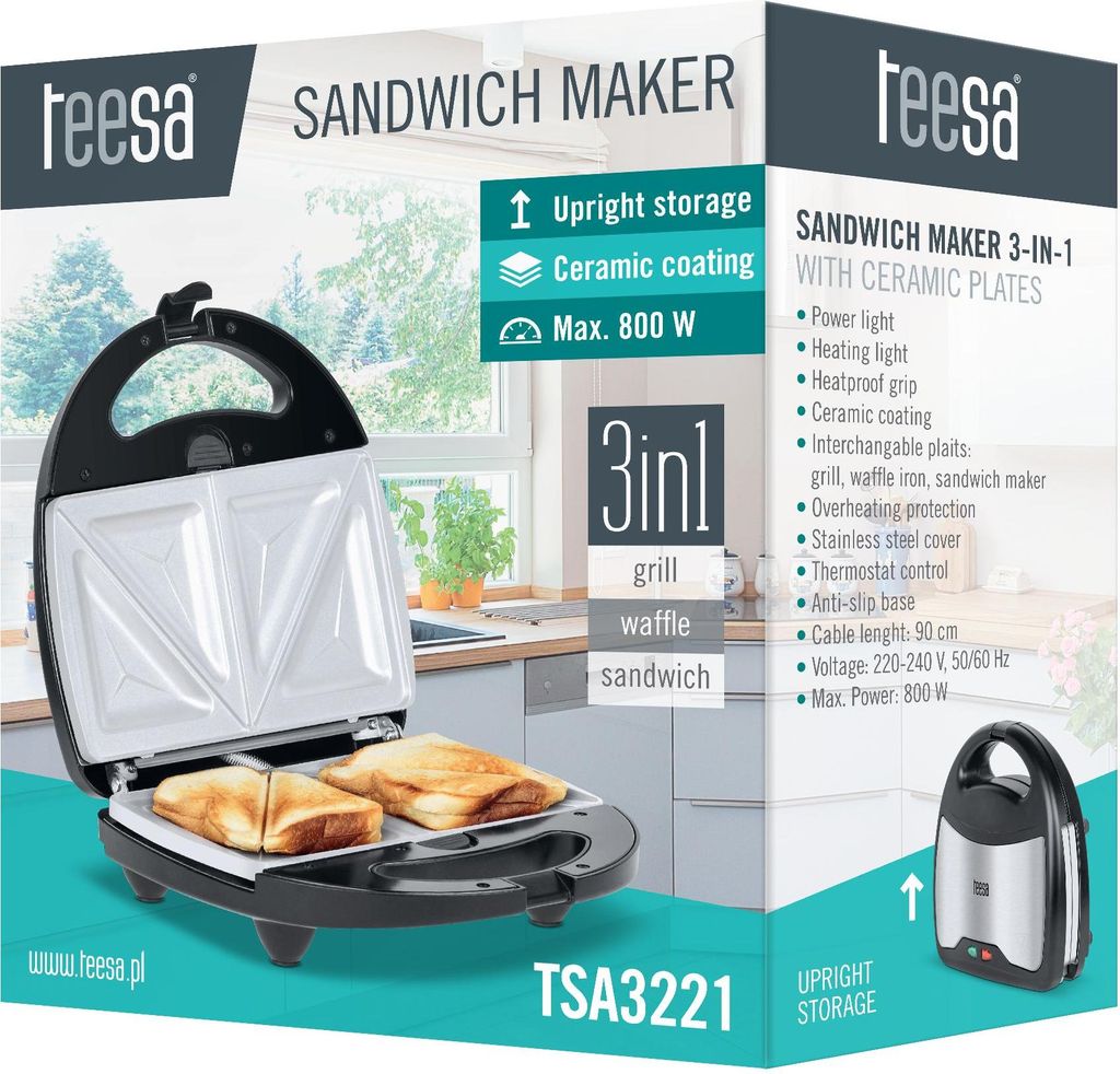 Teesa TSA3221 Sendvičovač  3 v 1, keramické plotny, 800 W, Obrázok produktu 