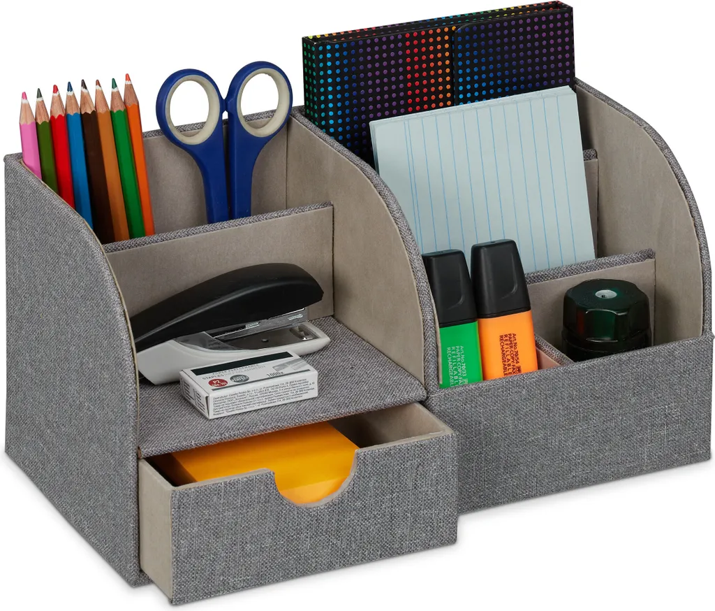 Relaxdays Organiseur de Bureau Aspect Lin Gris - Rangement à 4 Tiroirs