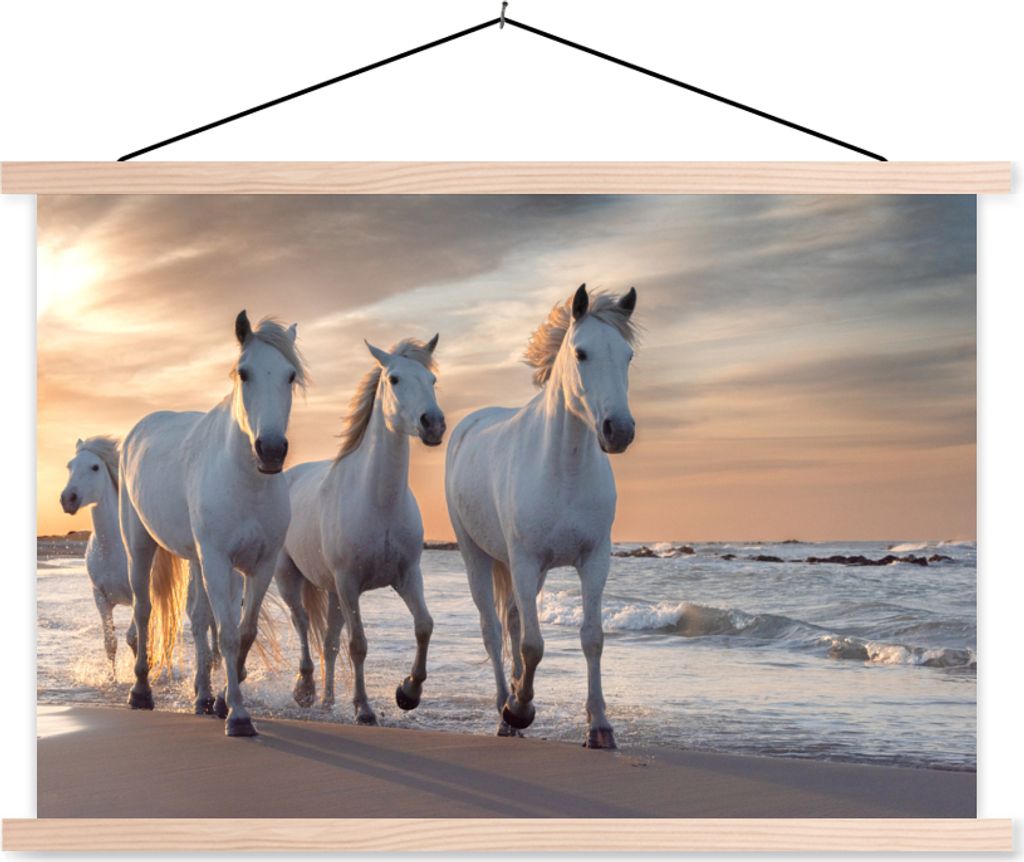 MuchoWow Textilposter Pferde - Sonne - Strand - Meer 60x40 cm mit holzfarbenen Rahmen - Bilder
