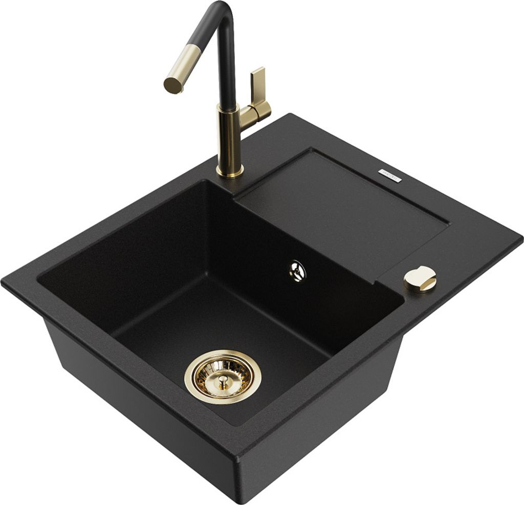 Mexen Enzo 1 Becken-Granitspüle mit Abtropffläche und Mischbatterie Flora, Schwarz - 6506-77-670401-57-G