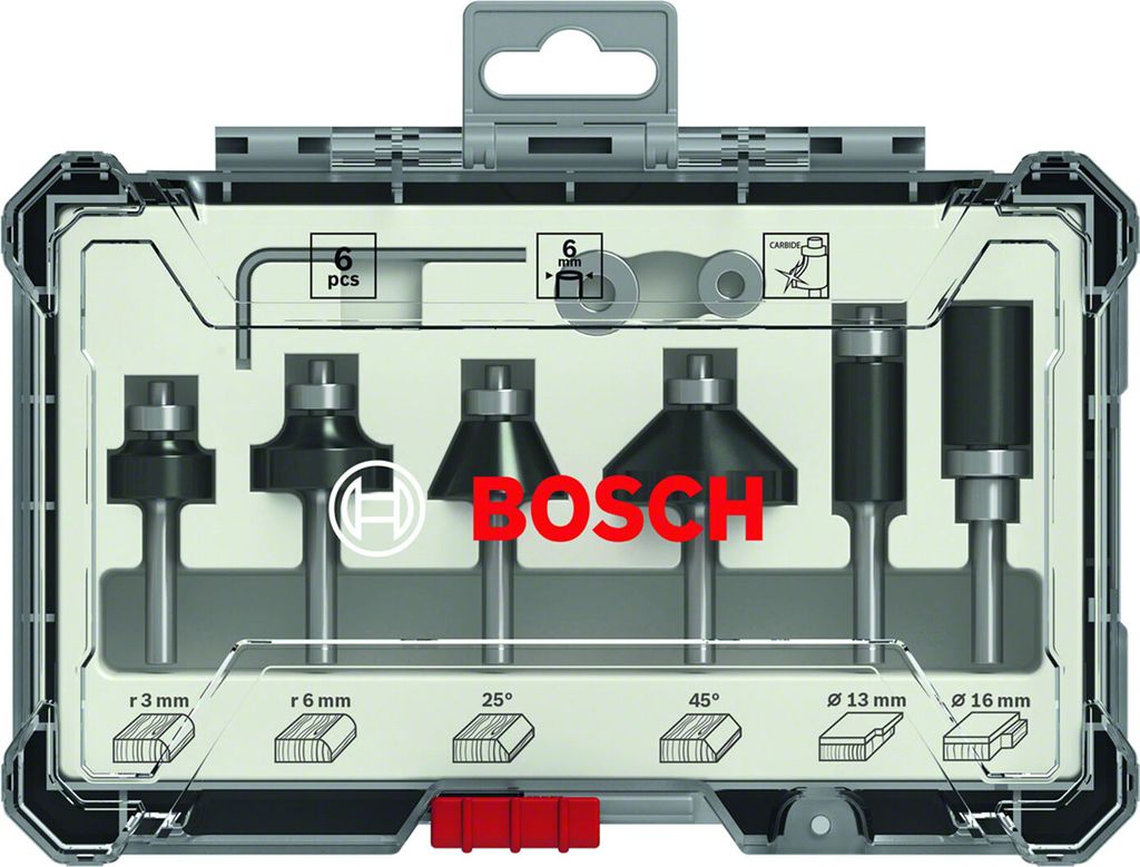 A set of Bosch router bits in a clear plastic case.