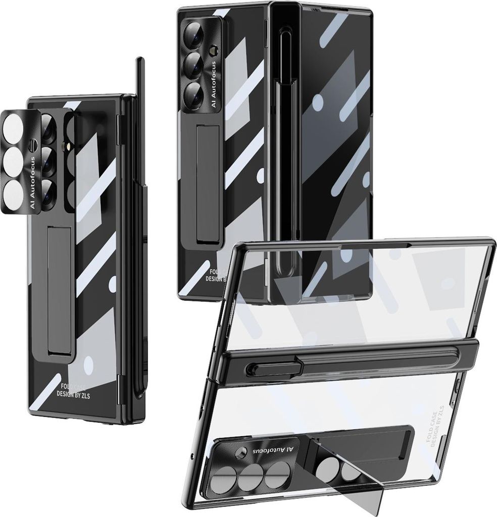 Hülle für Samsung Galaxy Z Fold 7 Magnetscharnier, Ständer, Stifthalter, Schutzhülle mit Linsenfolie, Bildschirmfolie Schwarz