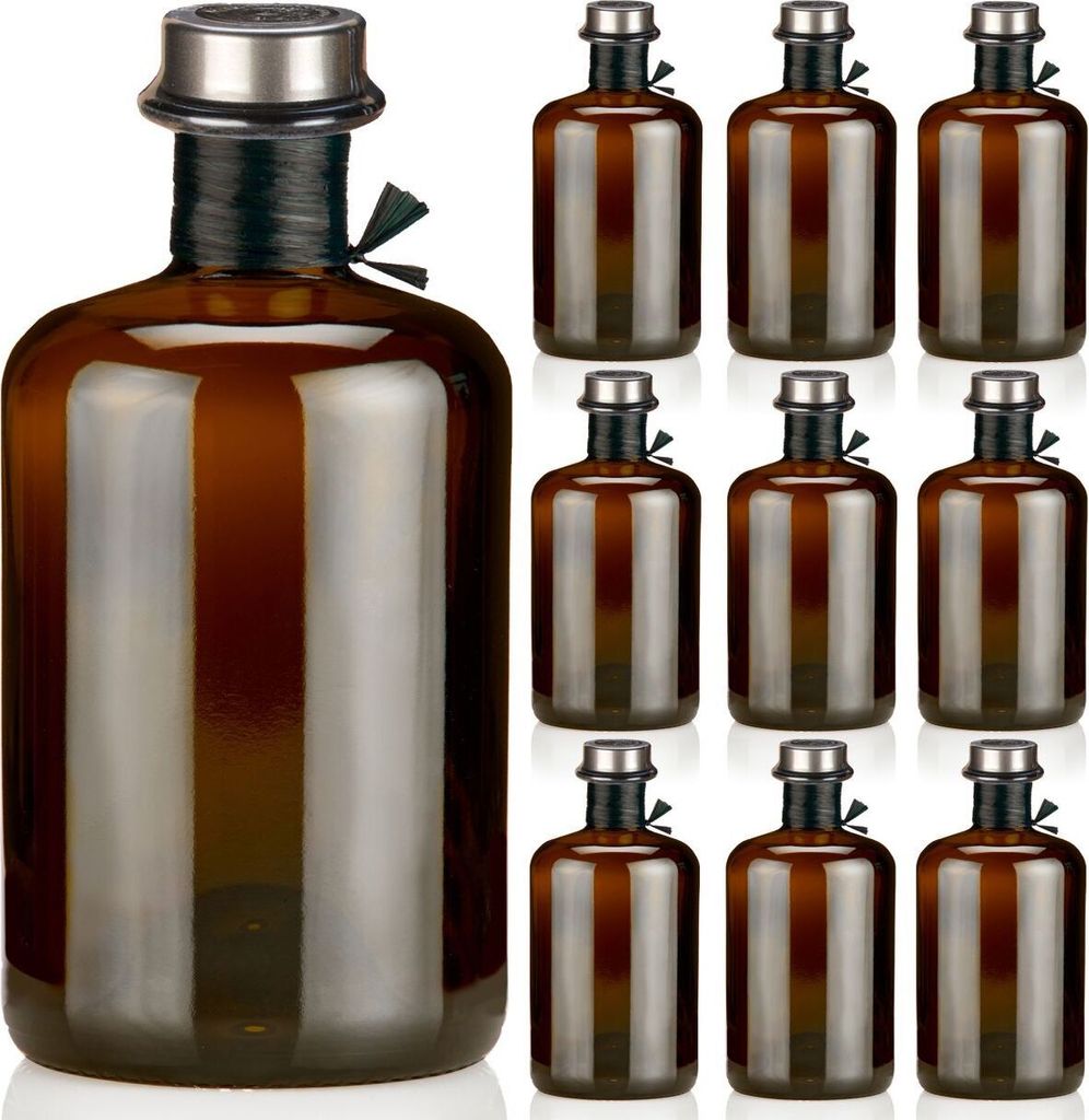 Apothekerflasche braun 500ml mit Korken, Flaschenkapseln & Bastband, 9 Braunglas Flaschen 0,5L leer Korken titan Siegel schwarz