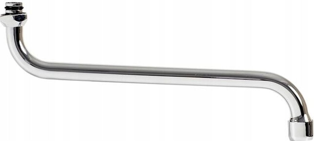 A chrome-plated faucet spout on a white background.