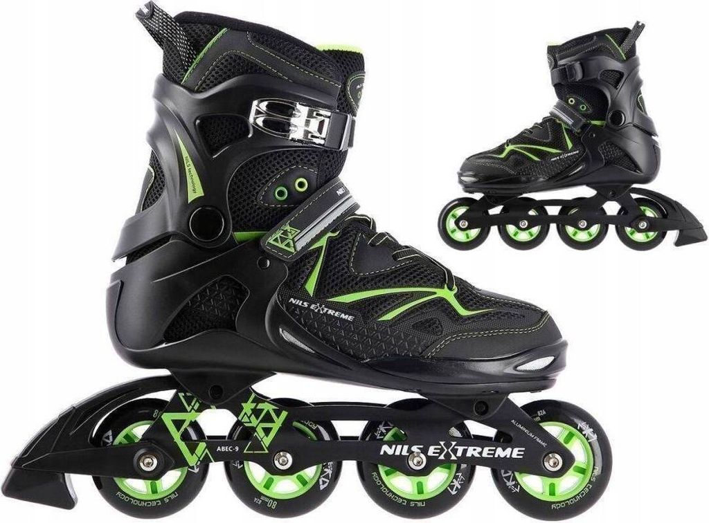 A pair of black and green inline skates are shown against a white background. One skate is in the foreground, and a second skate is in the background.