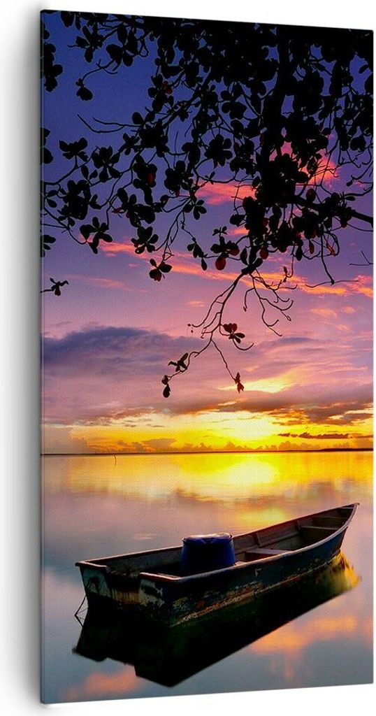 Bild auf Leinwand - Leinwandbild - Boot Sonnenuntergang See Himmel - 65x120cm - Wand Bild - Wanddeko - Leinwanddruck - Bilder - Kunstdruck - Leinwa...
