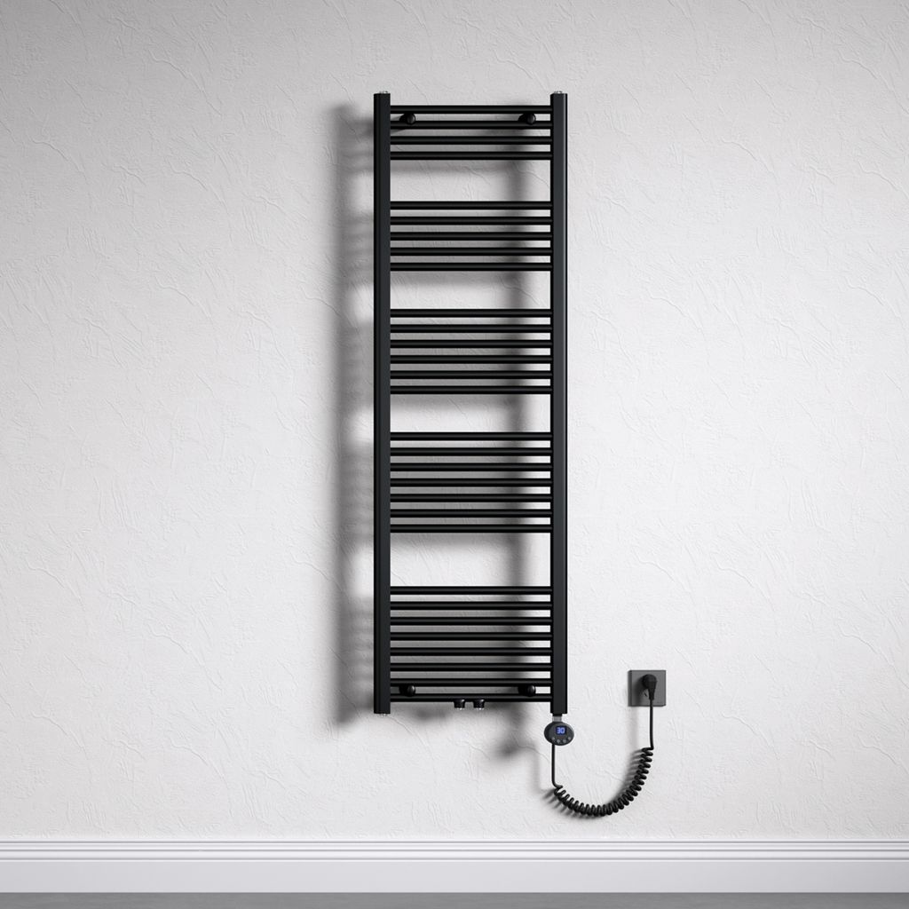 A black electric towel radiator mounted on a textured white wall.