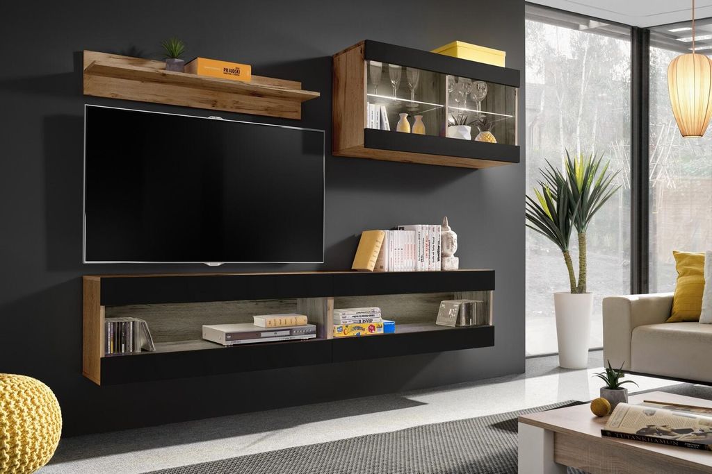 Komodee, Set, Möbel, Tivoli SET6, Wotan/Schwarz, Breite 200cm x Höhe 195cm x Tiefe 35cm, LED Blau, für Wohnzimmer, Schlafzimmer