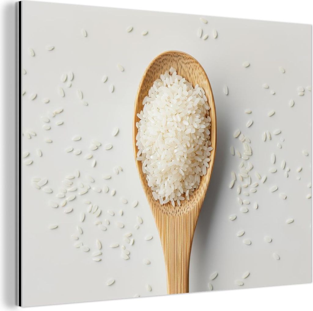MuchoWow Wanddekoration Metall Metallbild Wandkunst 40x30 cm Holz - Löffel - Reis MuchoWow Aluminium Gemälde - Dekoration Wohnzimmer