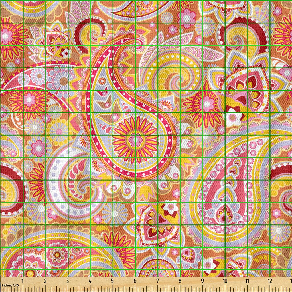 ABAKUHAUS Orange Microfaser Stoff als Meterware , Asiatisches Design-Elemente traditionelles Paisley-Blumenmuster wirbelt Blatt-ethnisches Motiv, 5...