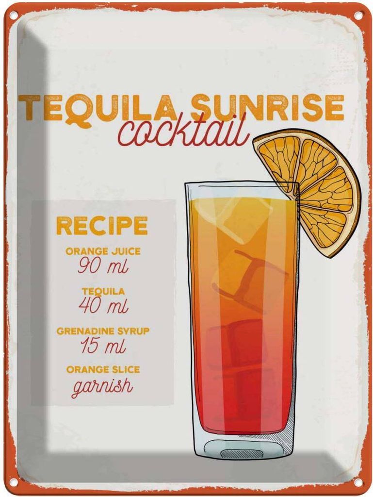 vianmo Blechschild 40x30 cm Tequila Sunrise Cocktail Recipe Essen Trinken