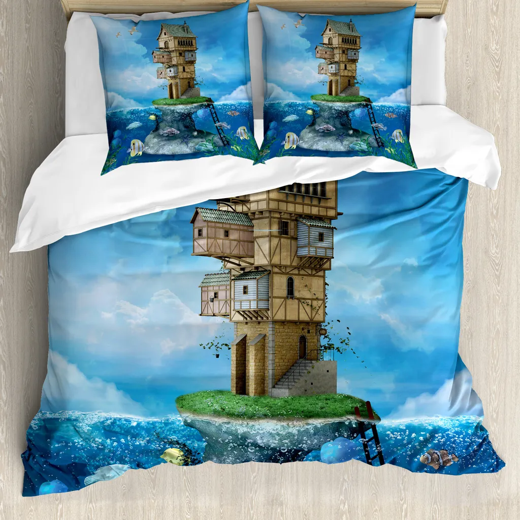 ABAKUHAUS Set copripiumino fantasia per letti matrimoniali, casa del pescatore subacqueo, antiacaro, adatto a chi soffre di allergie, con federe, blu cielo scuro multicolore