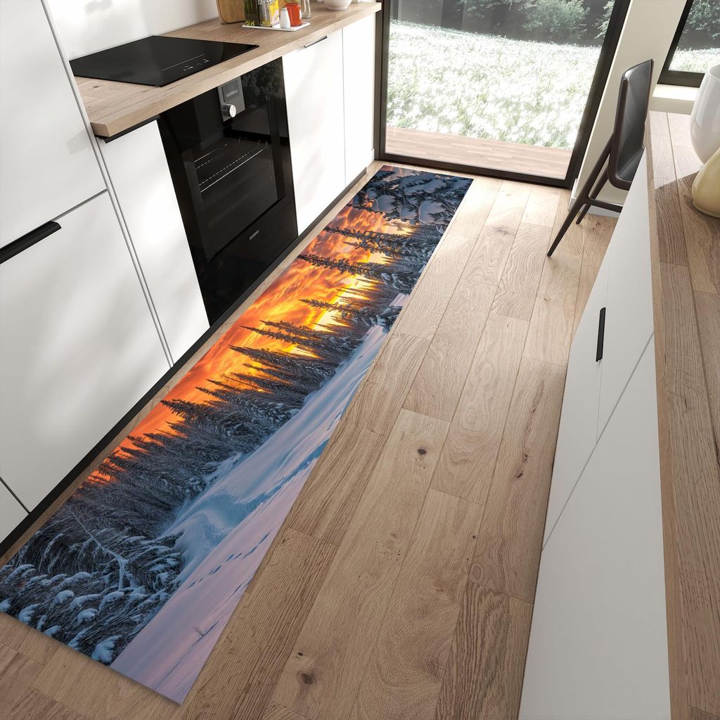 Küchenteppich 60x300cm rutschfest & abwischbar PVC Läufer - Winter Sonnenuntergang