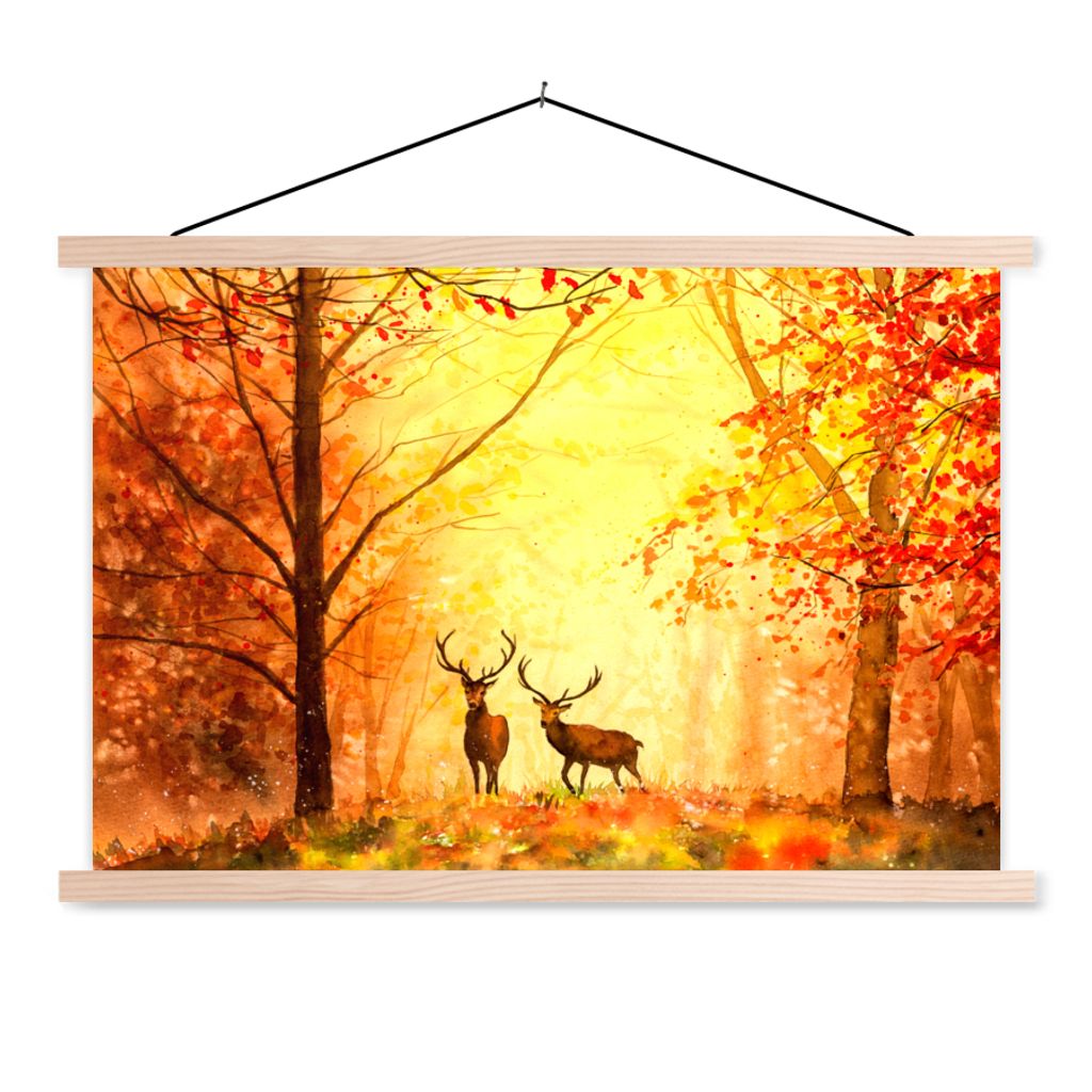 MuchoWow Textilposter Natur - Ölfarbe - Hirsche - Tiere - Herbst - Orange 120x80 cm mit holzfarbenen Rahmen - Aufhängeset
