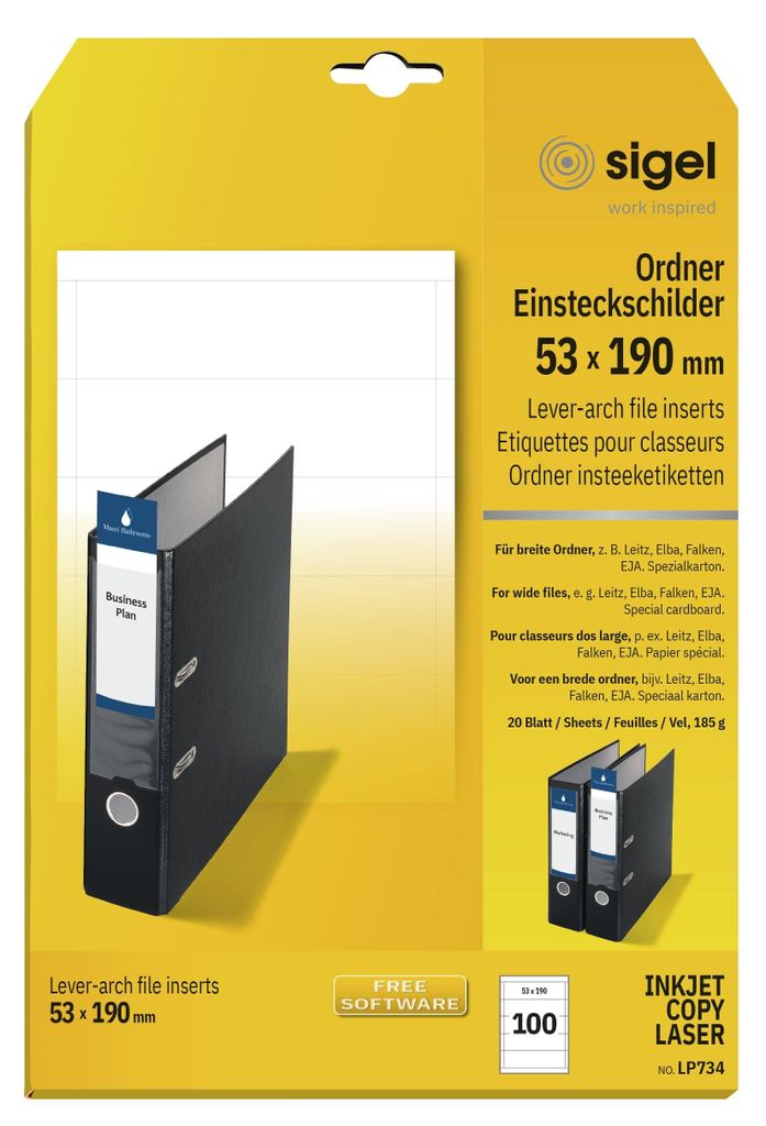SIGEL LP734 PC-Einsteckschilder für Ordner, 53 x 190 mm, Produktbild 
