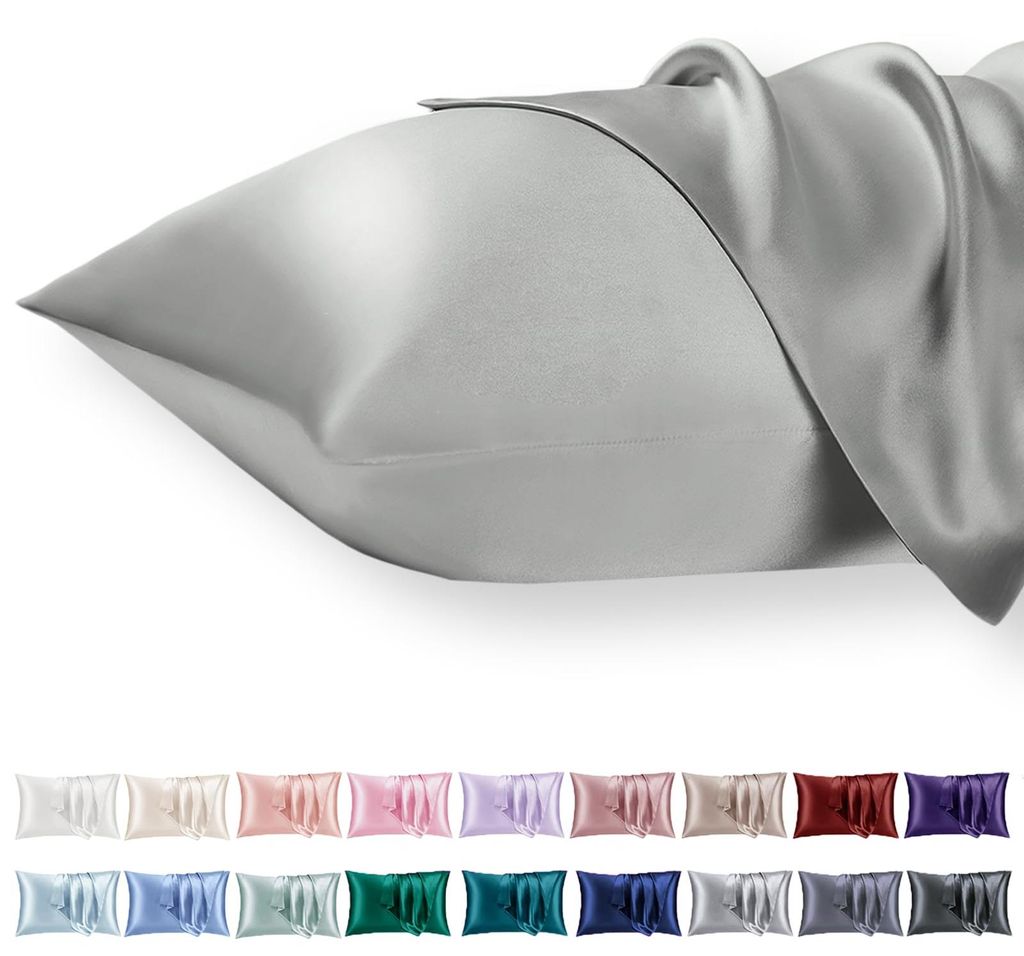 Set aus 2 Satin-Kissenbezügen 50x70 cm mit Reißverschluss, seidenweich, geeignet für lockiges Haar, hellgraue Satin-Kissenbezüge.