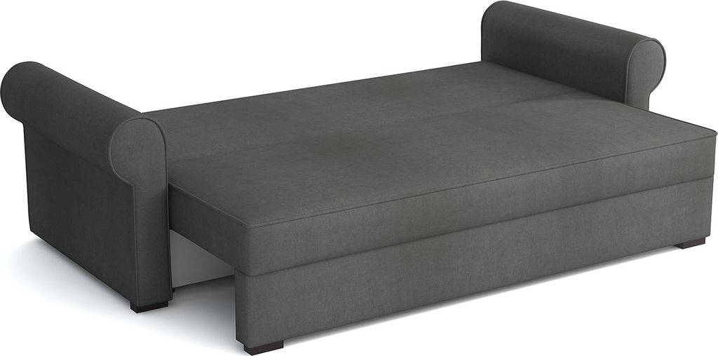 A gray sofa bed is shown from a slightly elevated side angle against a white background.