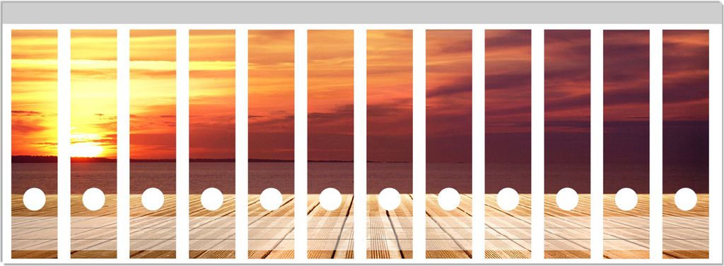 Wallario Ordnerrücken Sticker, selbstklebend für breite Ordner, 12 Stück, Motiv Steg am See - Sonnenuntergang und roter Himmel