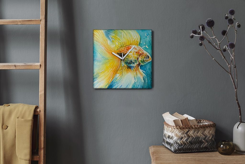 Coloray Hodiny Unikátní 30x30 cm Tiché hodiny Pro obývací pokoj a kuchyň Nástěnné hodiny Plátno Bílé ručičky hodin - zlatá rybka