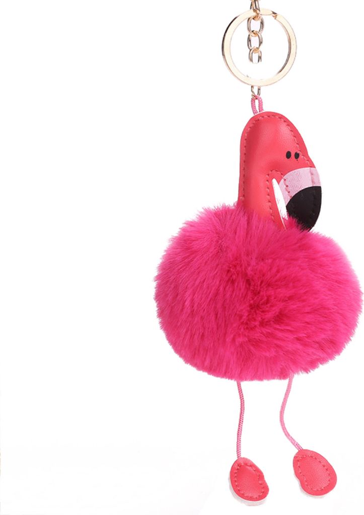 Schlüsselanhänger aus Kunstleder in Flamingo-Form, leicht, bezaubernd, mit Fellknäuel, flauschig, für den täglichen Gebrauch-Rosenrot