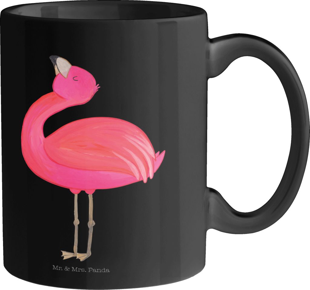 Mr. & Mrs. Panda Tasse Flamingo Stolz - Schwarz - Geschenk, Selbstliebe, Kaffeetasse, Pott, Freude, Freundin, Trinkbecher, cappuccinotasse, Teebecher