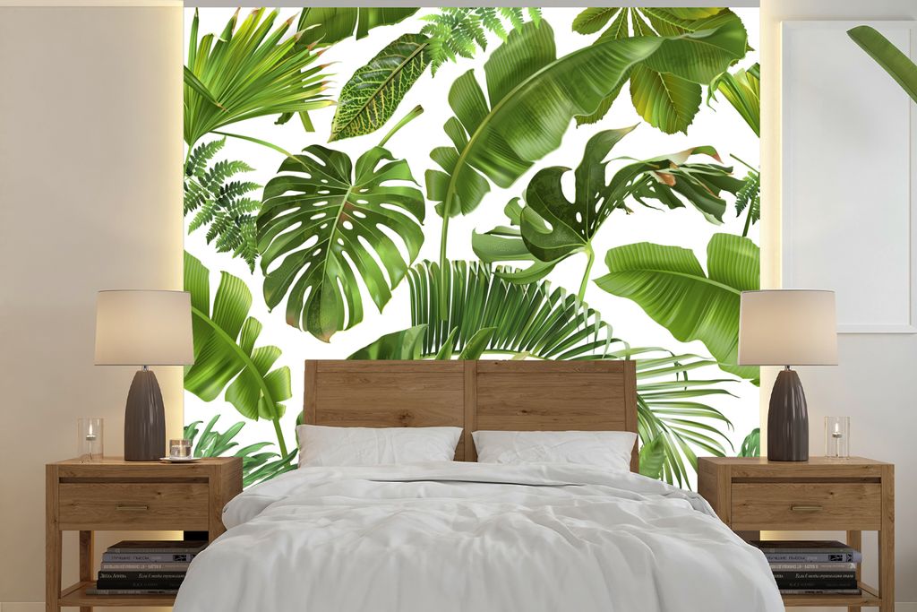 MuchoWow Fototapete für Wohnzimmer oder Schlafzimmer Wandtapete Vinyl Motivtapete Blätter - Weiß - Muster - Mädchen - Kinder - Jungen - Kinde...