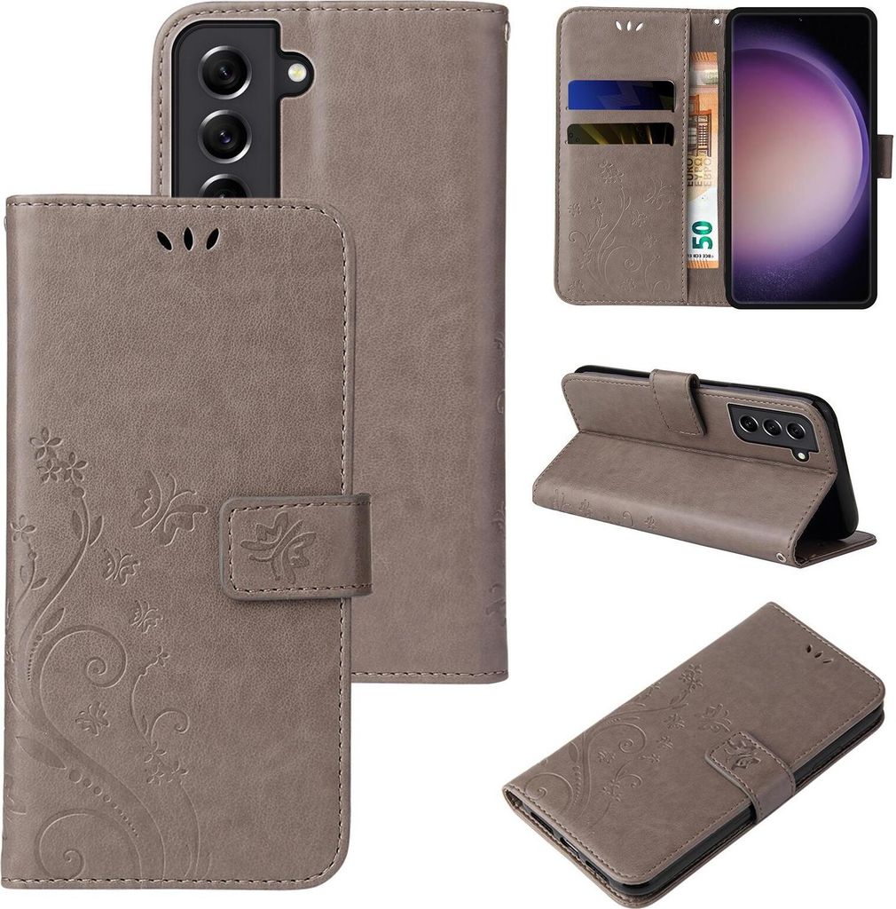 Handyhülle für Samsung Galaxy S23 FE Floral Blumen Schmetterling Flip Cover Hülle Case Klapphülle Handytasche Farbe: Grau