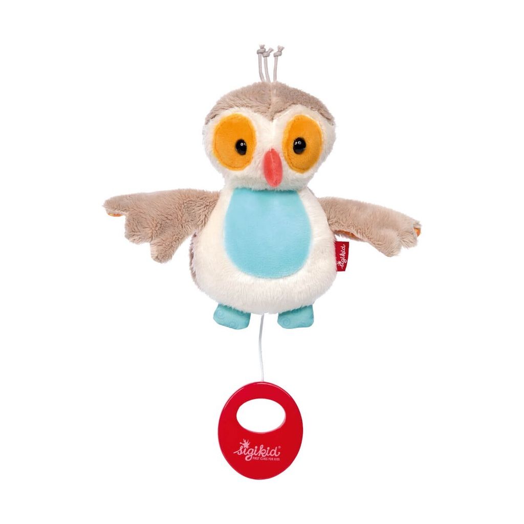 A plush owl toy with a music box mechanism.