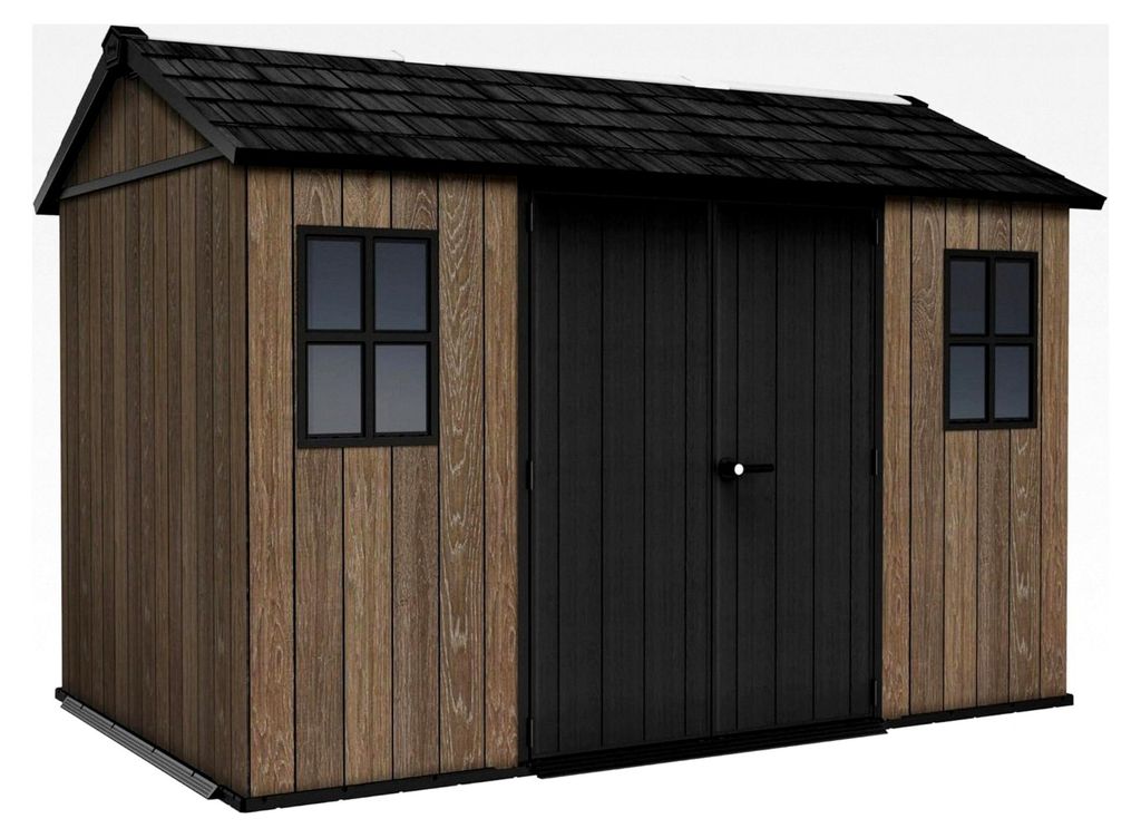 Gerätehaus 7,5x11 aus Kunststoff mit Oberlicht und Belüftung, abschließbar, wetterfest, in Walnuss Holzoptik