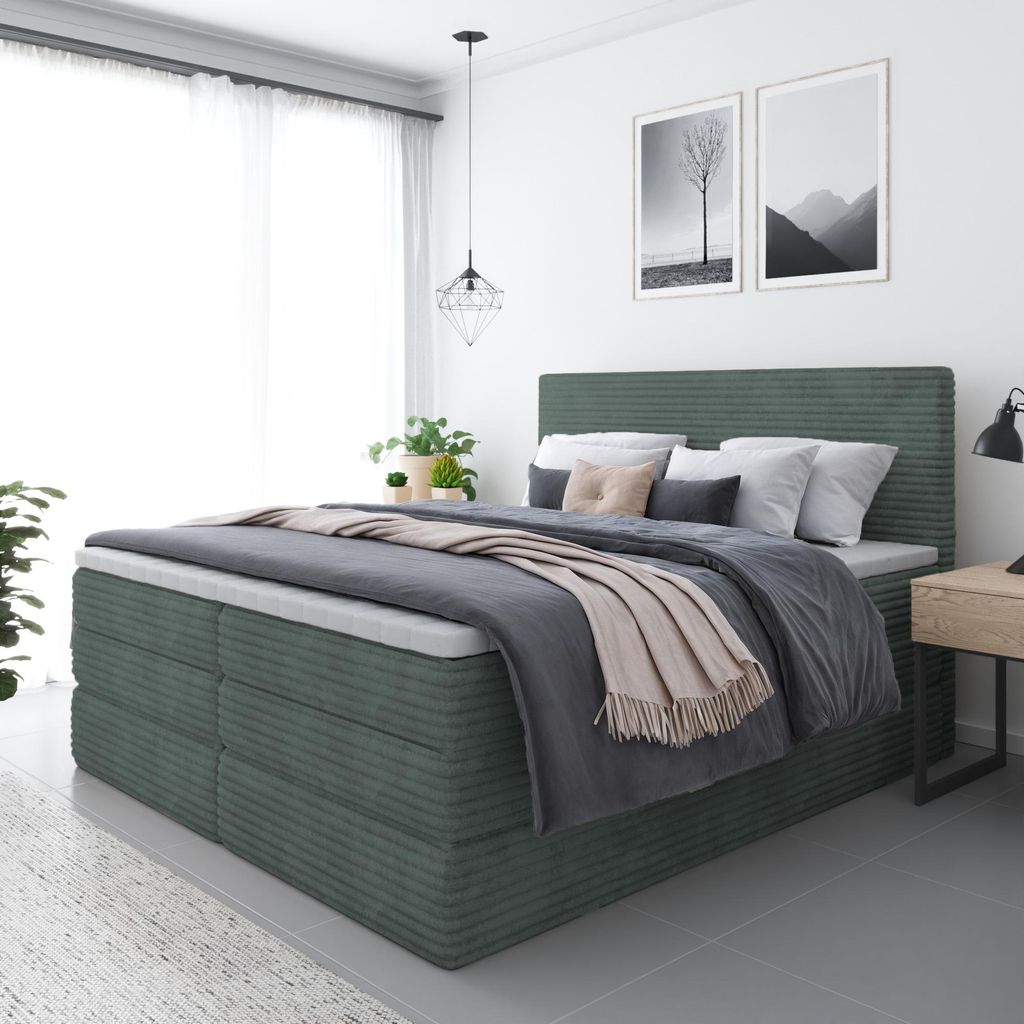 Bett, Boxspringbett ZENO PLUS mit 2-Matrazen und VISCO Topper, Doppelbett, Stauraum, Schlafzimmer, Polsterbett, 140x200 cm (Grün - Tilia 39)