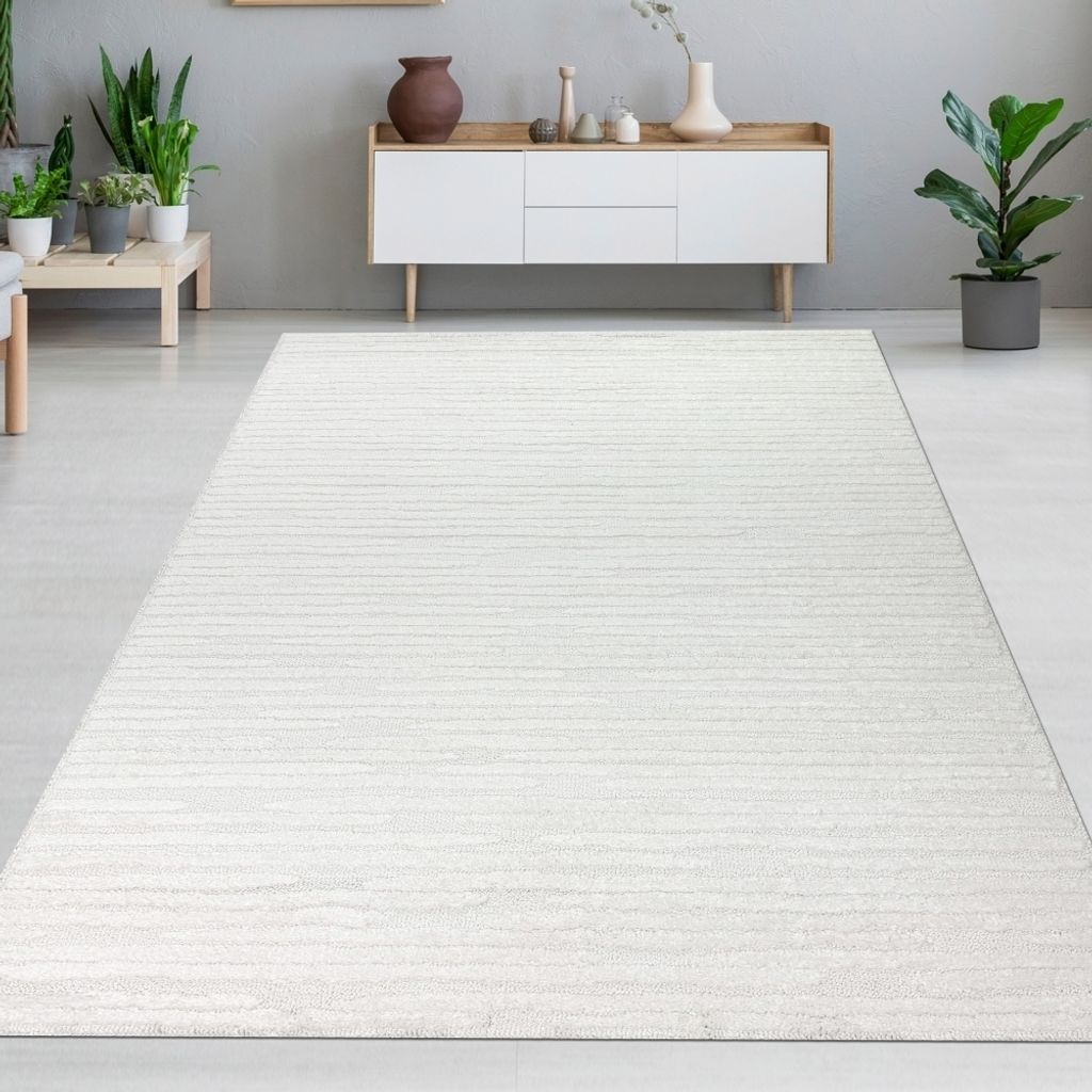 Teppich Wohnzimmer Schlafzimmer mit verschieden gemusterten Linien in creme grau Größe - 160 x 230 cm