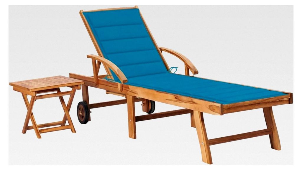 Sonnenliege mit Tisch und Auflage für Garten, Balkon und Terrasse aus massivem Teakholz in Blau