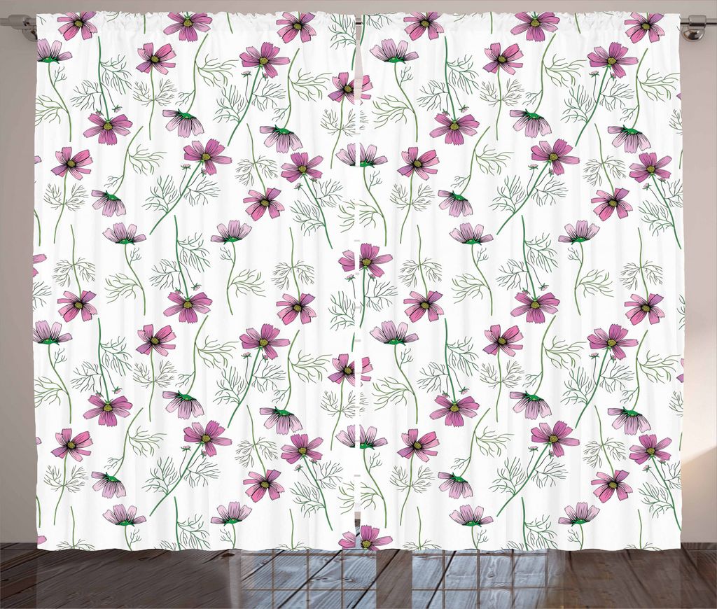 ABAKUHAUS Blumen Rustikaler Gardine, Kosmos-Blumen in Rosa, Schlafzimmer Kräuselband Vorhang mit Schlaufen und Haken, 280 x 225 cm, Rosa-Grün-Weiß