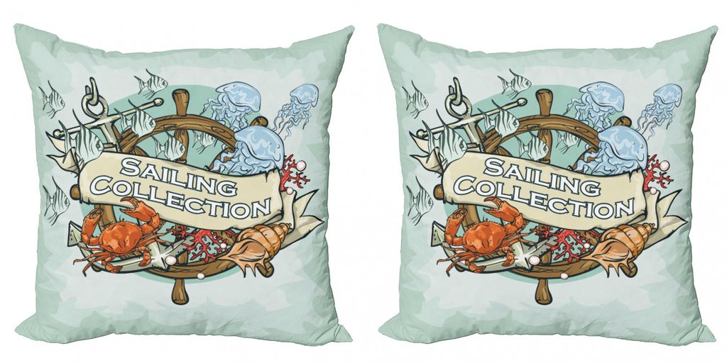 ABAKUHAUS Nautisch Kissenbezug Set (2Stück), Segeln Sammlung Old Times Fischer Ribbon Angeln Meeresfrüchte Krabbe, 60x60cm, Mint Green Mehrfarbig