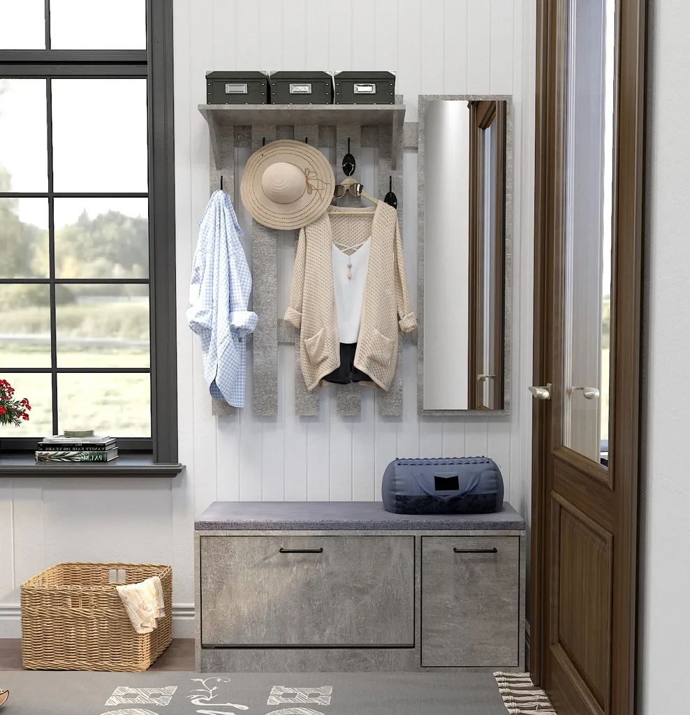 Mondeer Vestiaire d'Entrée Gris avec Miroir et Meuble à Chaussures - M12