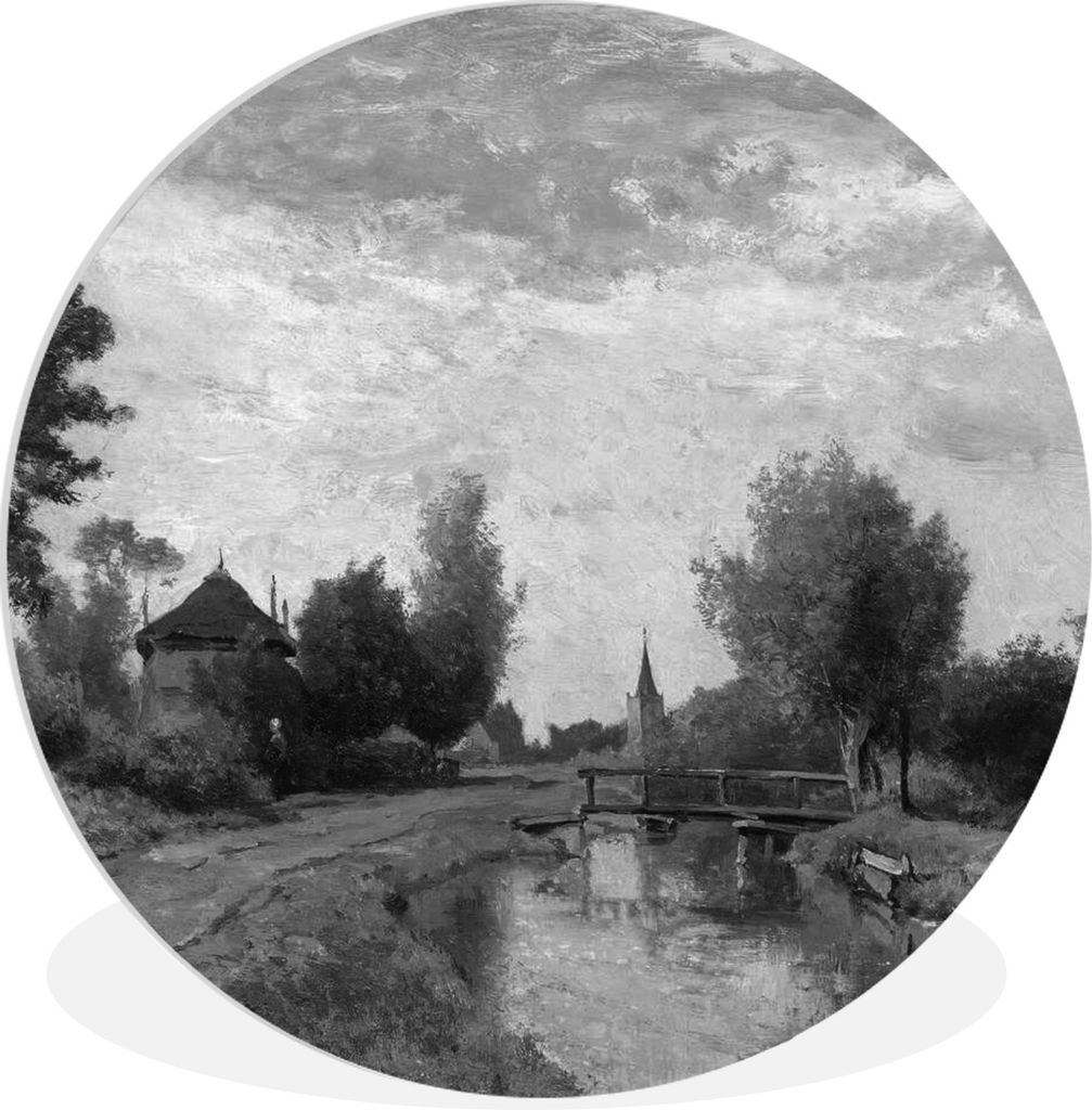 MuchoWow Rundes Wandbild - Runde Bilder Landschaft bei Kortenhöf in schwarz-weiß - Gemälde von Paul Joseph Constantin Ø 60 cm Kreis Wanddekor...