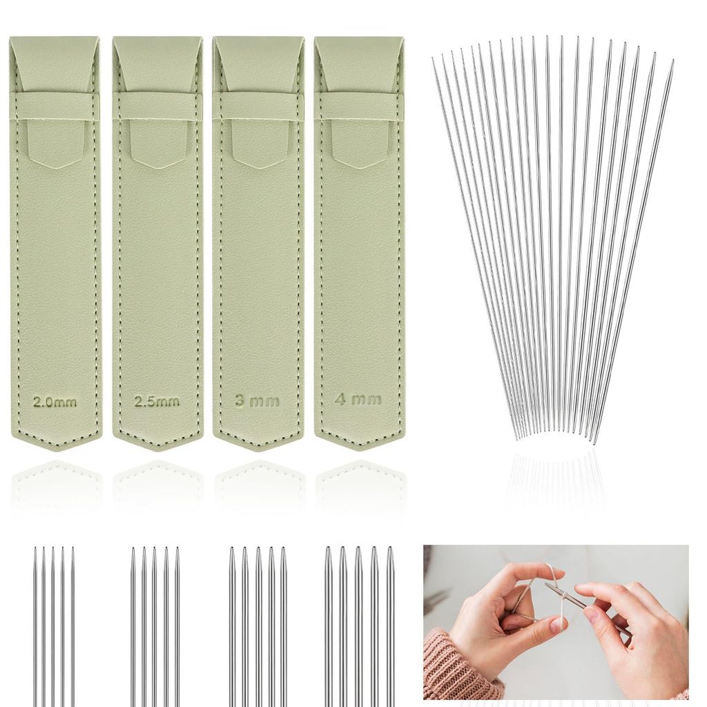 Set mit 20 doppelspitzigen Stricknadeln aus Edelstahl (2 mm, 2,5 mm, 3 mm, 4 mm), 15 cm lang, mit 4 kleinen grünen Aufbewahrungsbeuteln aus PVC-Le...
