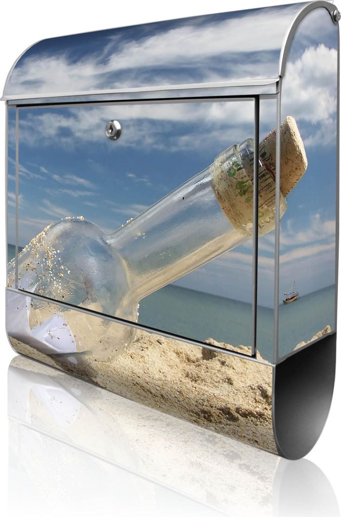 banjado Design Briefkasten Stahl silber mit Zeitungsfach pulverbeschichtet "Flaschenpost" 38x46x12,5cm & 2 Schlüssel - Postkasten A4 Einwurf inkl....