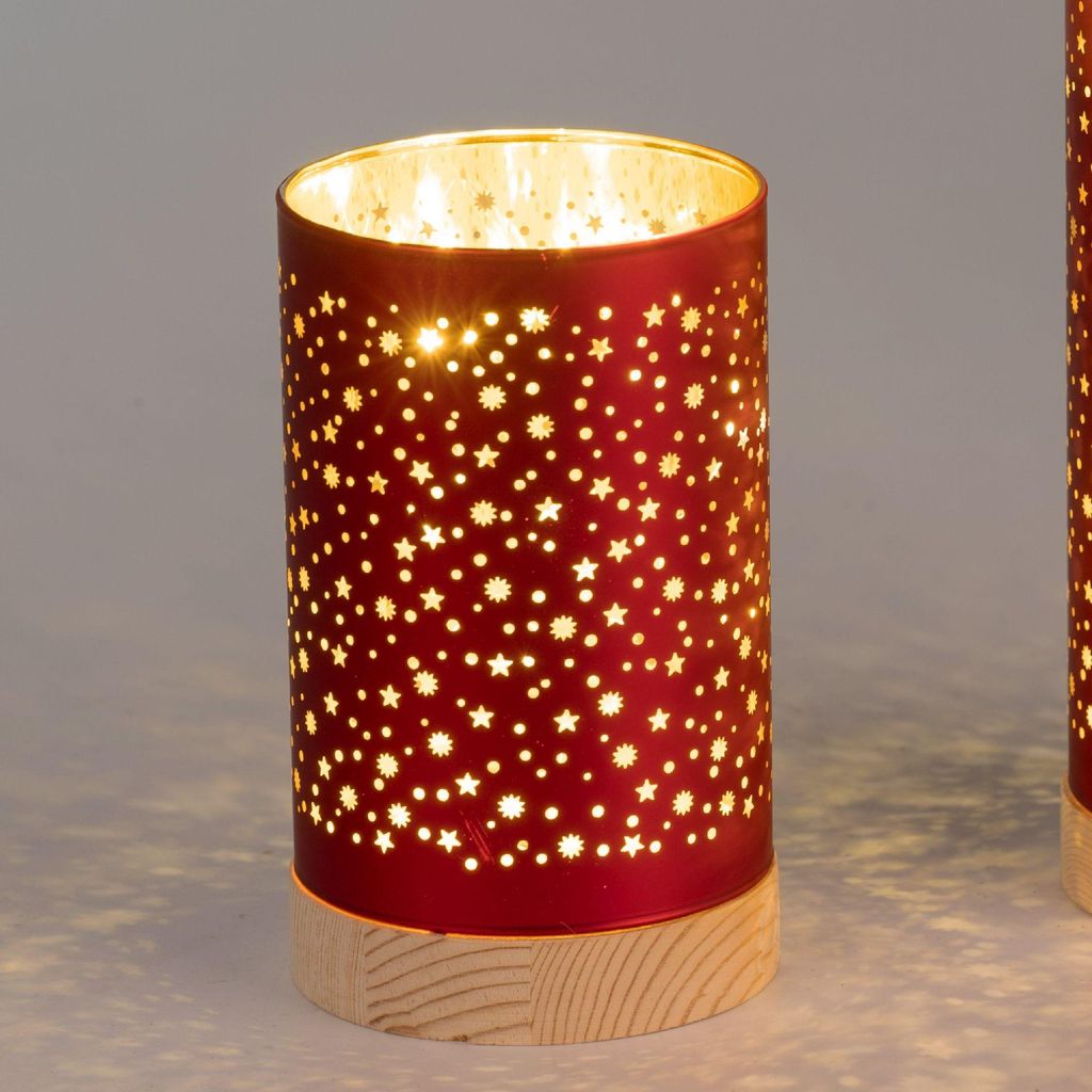 LED Tischlampe Zylinder STARS Sterne rot H. 20cm aus Glas Formano W25