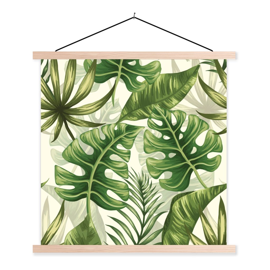 MuchoWow Textilposter Monstera - Illustration - Weiß - Mädchen - Kinder - Jungen 60x60 cm mit holzfarbenen Rahmen - Wanddekoration