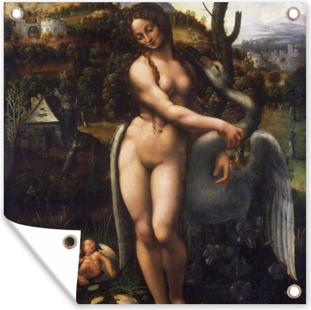MuchoWow 50x50 cm Outdoor-Poster Gartendeko Sichtschutz Garten Poster für den Garten Leda und der Schwan - Leonardo da Vinci