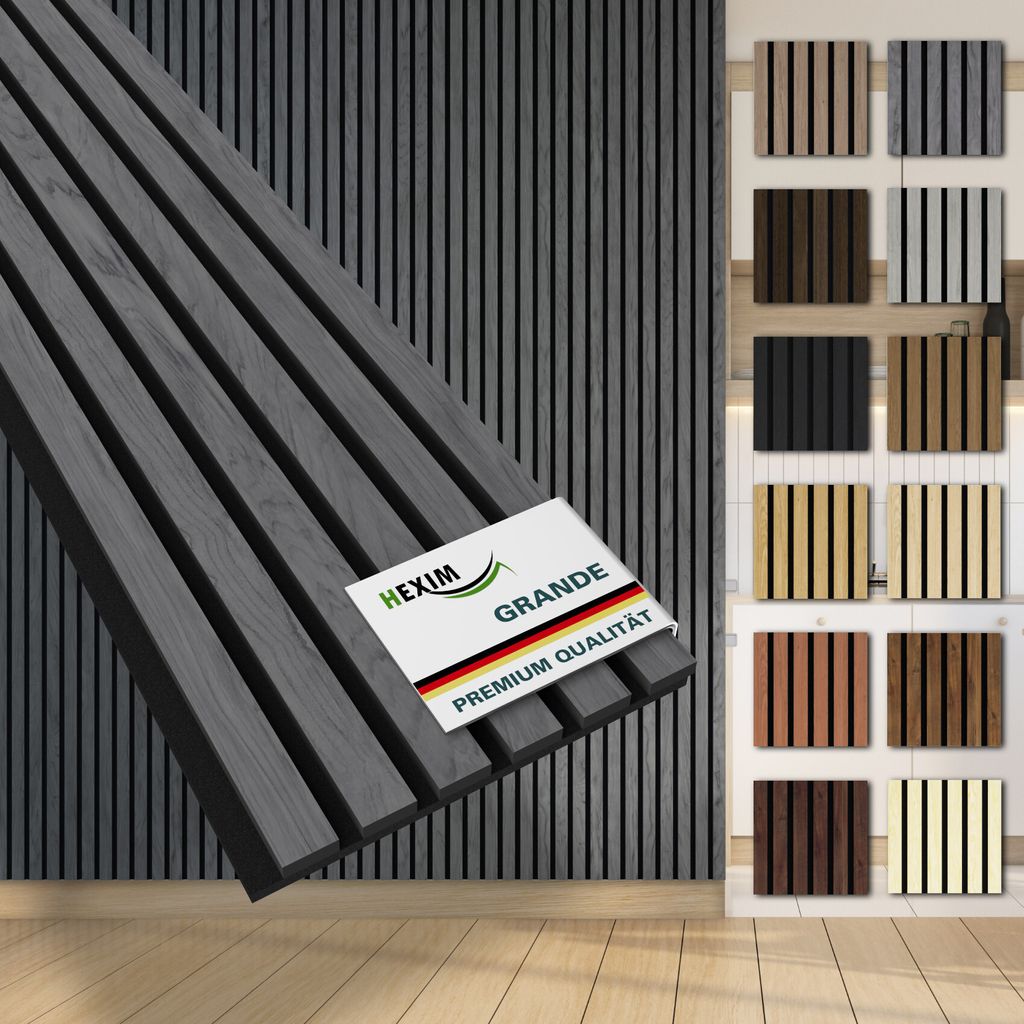 HEXIM Akustikpaneele Musterstück Holz Grande - XXL Wandpaneele Platten Lamellen Holzpaneele Echtholzfurnier 21mm Filz Schalldämmung MDF Grau (Gre...
