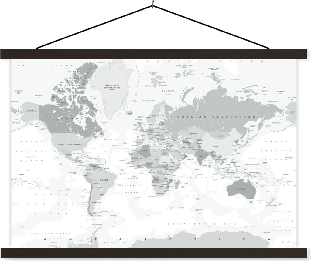 MuchoWow Textilposter Weltkarte - Weiß - Grau - Erde 90x60 cm mit schwarzem Rahmen - Aufhängungssatz