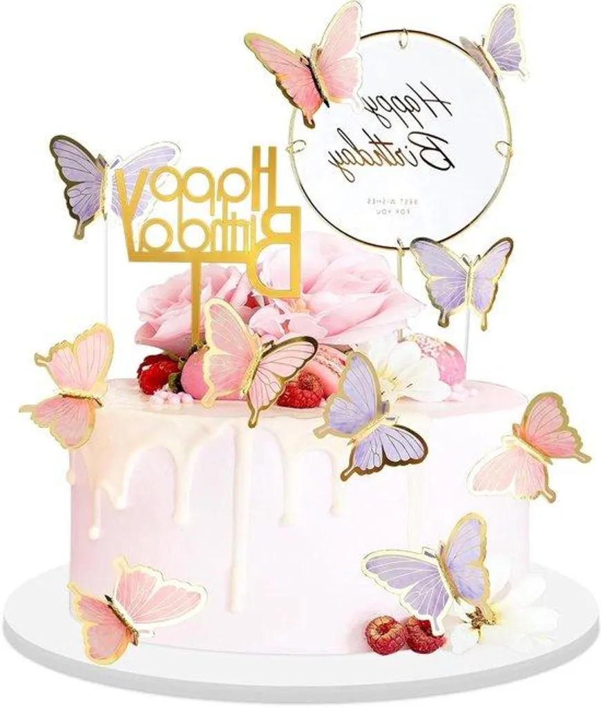 Déco de Fête Papillon Rose et Doré en Acrylique avec Happy Birthday 3D
